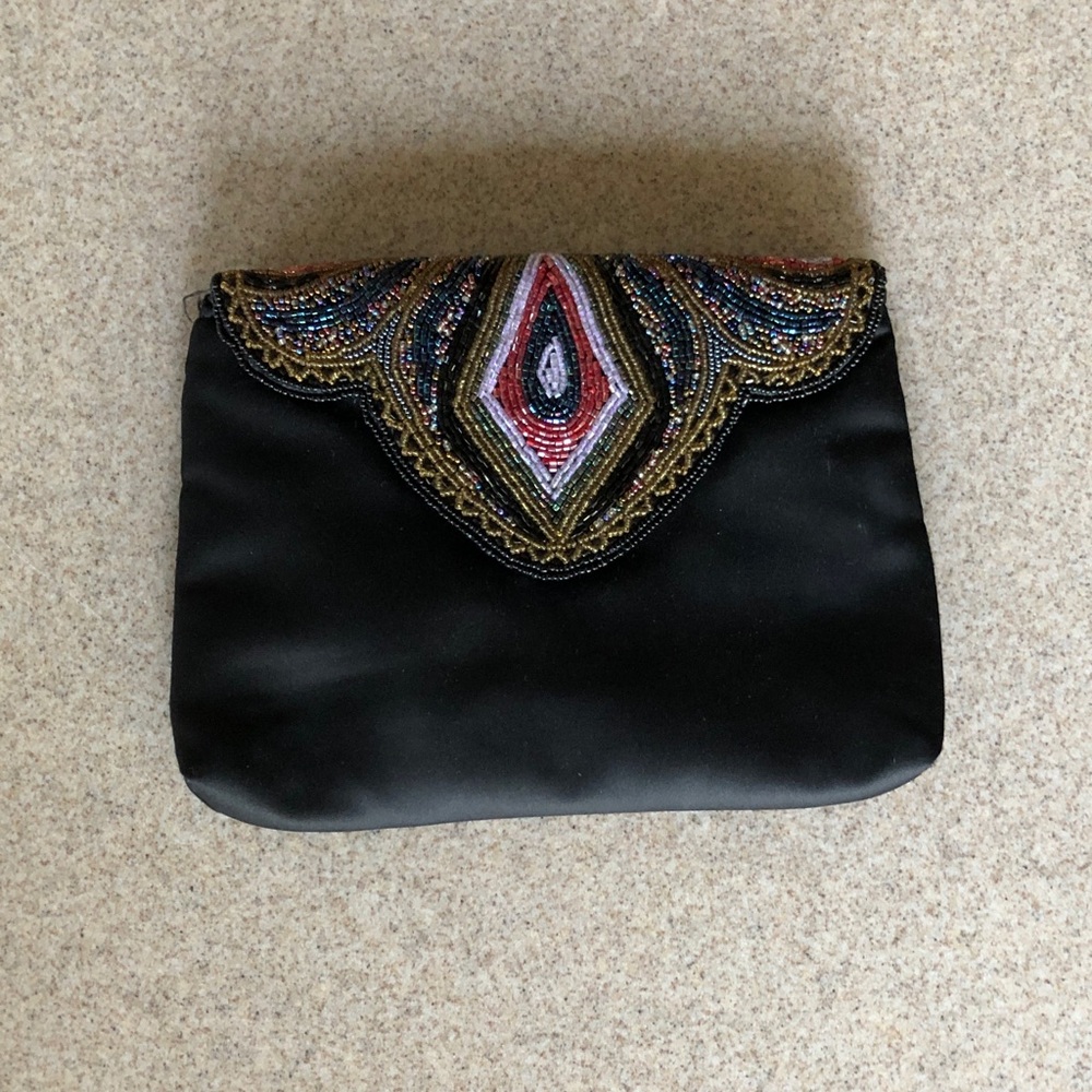 Elegant Vintage Black Beaded Clutch, purse.